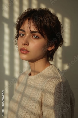 Woman With Short Hair Stands in Sunlight With Shadows on the Wall in a Room