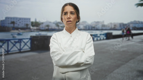 Fotografi Woman chef in white chef coat with crossed arms then points hand outward toward street waterfront promenade pier; concern appeal
