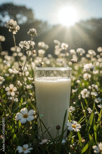 Milk Stands in a Glass Among White Flowers With Sunlight Shining in the Backg...