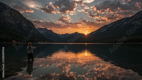 Fisherman Stands in Lake at Sunset With Mountains in Background and Colorful ...