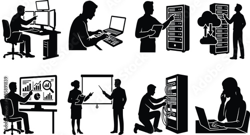 IT specialists and data center engineers managing server racks cloud computing network infrastructure and data analysis silhouettes