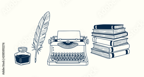 Konstfotografi Vintage Writing Set Illustration with Typewriter, Quill Pen, Inkwell, and Stack of Books Vector