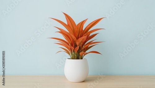 Bright Orange Plant Sits in White Pot on Wooden Table Against Light Blue Wall