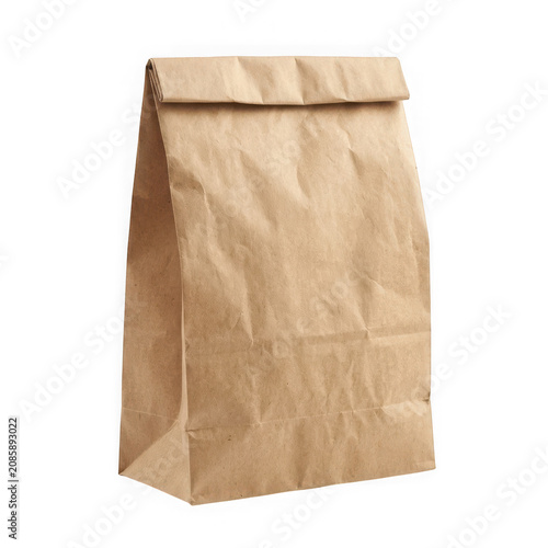 Brown paper shopping bag standing on white background