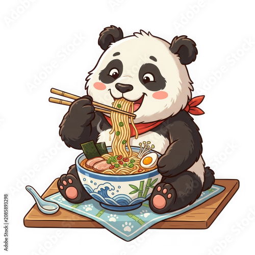 Cute cartoon panda eating noodles with chopsticks