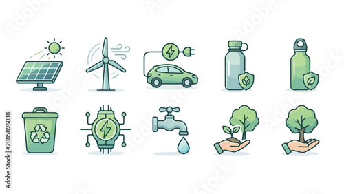 Bild auf Leinwand Renewable energy smart ecology and water conservation icons