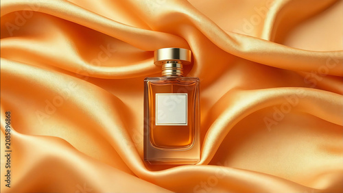 Luxurious perfume bottle on silk fabric background
