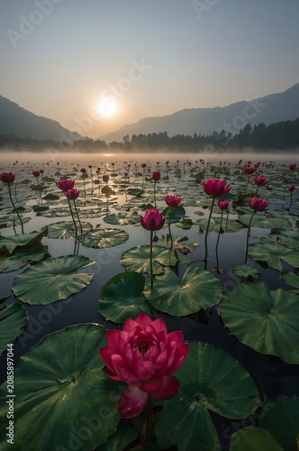 Water Lilies Bloom in a Lake Surrounded by Mountains During Sunrise With Mist...