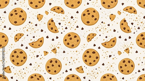 Decorative pattern of delicious chocolate chip cookies on light background