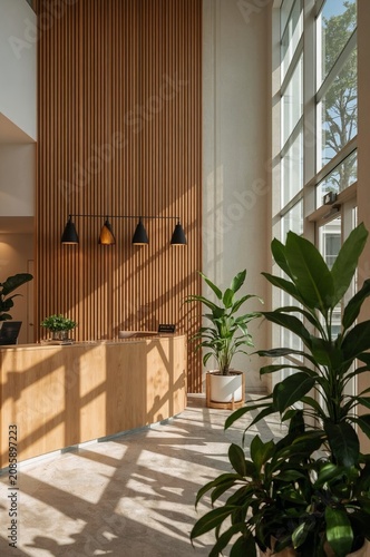 Modern Reception Area With Plants and Natural Light in a Building