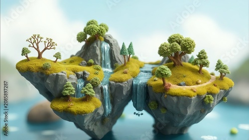 Whimsical floating islands with lush greenery and cascading waterfalls