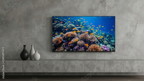 Coral Reef Scene With Colorful Fish on Display in Modern Living Room Setting