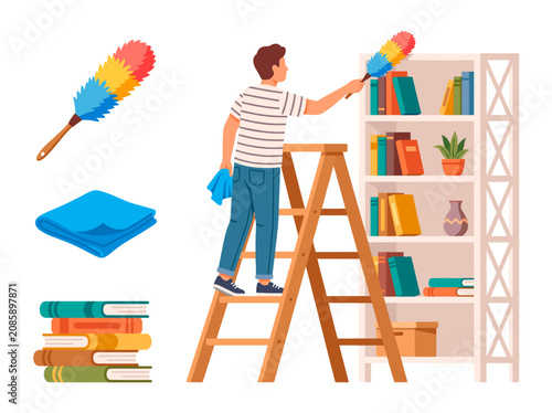 vector Man on ladder dusting bookshelf with colorful duster, cleaning supplies and books nearby, illustration
