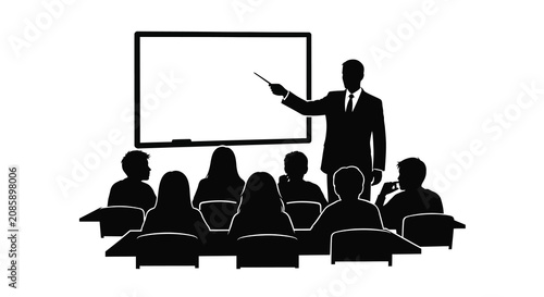 Classroom scene with teacher lecturing to students depicted as a black silhouette lecture students education learning teaching instructor professor lesson