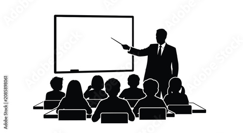 Classroom scene with teacher and students in black silhouette against a white background silhouette education learning lesson teaching instructor professor