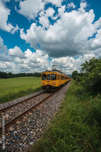 Train Travels Along Tracks Through Fields Under a Blue Sky Filled With Clouds