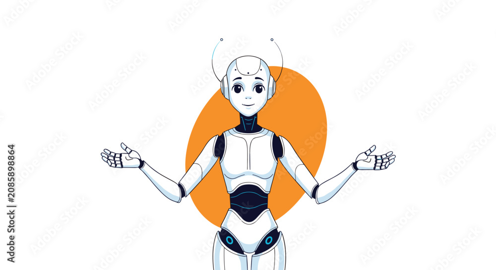 Fototapeta premium Friendly white robot with a cute smiling face and open hands standing in front of an orange circle background.