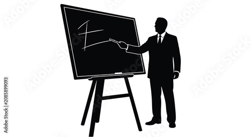 Teacher presenting at chalkboard with graph black silhouette against a white background silhouette academic adult board chalk classroom communication concept