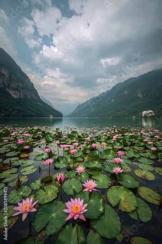 Beautiful Water Lilies Bloom on a Lake Surrounded by Mountains Under Cloudy Sky