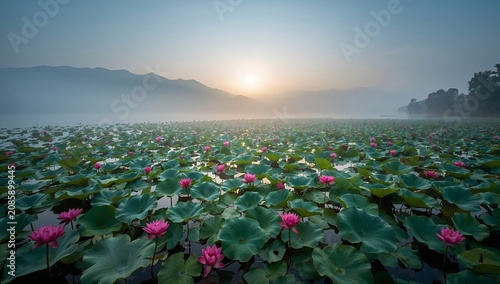 Lotus Flowers Bloom on a Lake With Misty Mountains During Sunrise in the Earl...