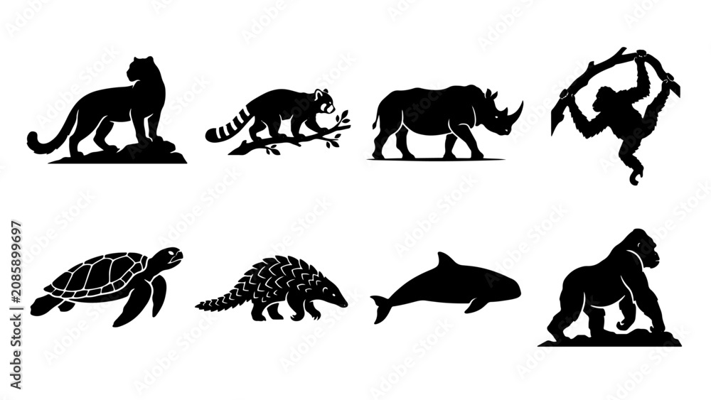 Fototapeta premium Endangered Animal Silhouette Icon Set