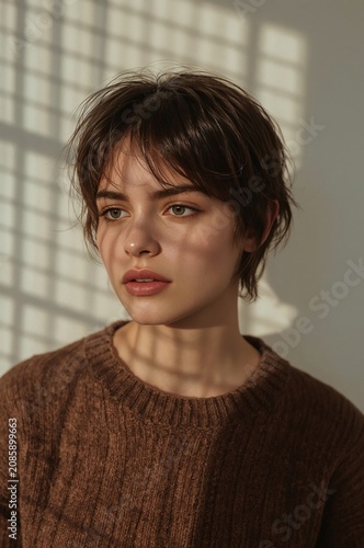 Light and Shadows Play on a Young Womans Face During a Sunny Day Indoors