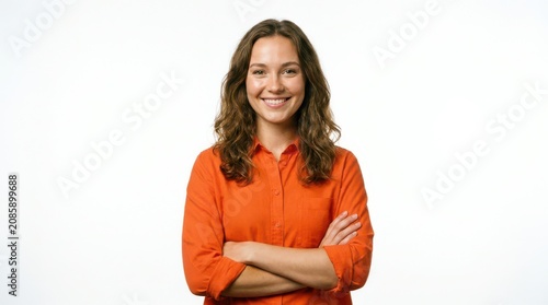 Smiling young woman with curly hair in orange shirt portrait confident