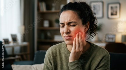 Woman suffering from severe toothache touching cheek at home with toothache