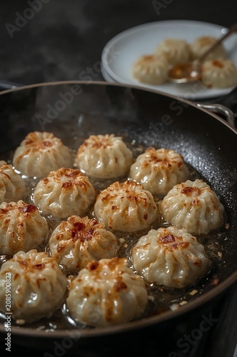 Dumplings Cooking in a Pan With Steam Rising in a Kitchen Setting During the ...