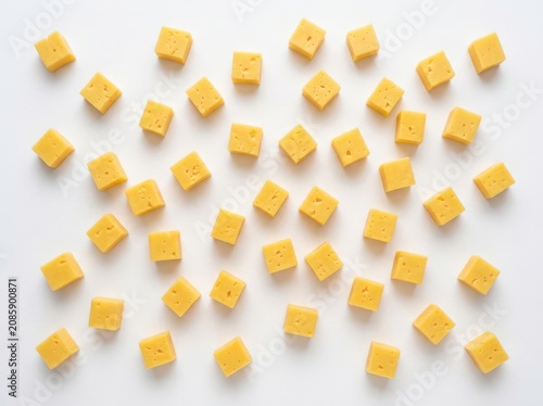 Abstract arrangement of yellow cheddar cheese cubes with scattered, ingredients