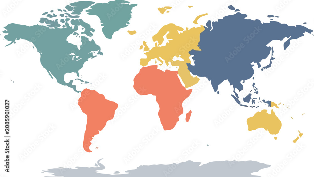 Fototapeta premium Colorful world map with distinct regions and continents in a flat modern infographic style design