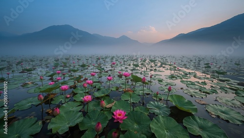 Water Lilies Bloom in a Lake Surrounded by Mountains During Sunrise With Mist...