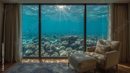 View of Coral Reef Outside a Window in a Living Space Located by the Sea Duri...