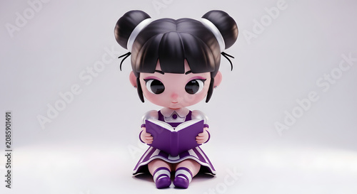 Cute 3D chibi girl character sitting and reading a purple book
