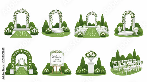Foto Green garden wedding ceremony and aisle setup icons.