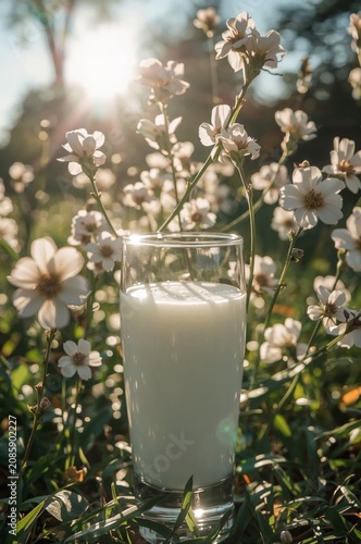 Glass of Milk Placed Among Flowers With Sunlight Shining in the Background Du...