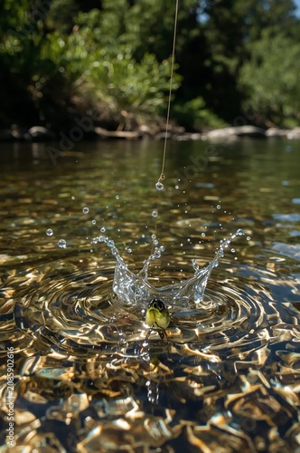 Fishing Line Drops Into Clear Water Creating Ripples Near a Riverbank in the ...