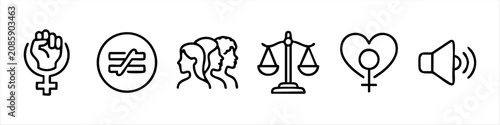 Professional minimalist icon set for feminism and women's rights activism. Includes symbols for empowerment, justice, equality, and community. Perfect for web design and social justice campaigns.