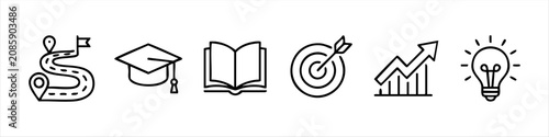 A set of six minimalist business and education icons featuring a roadmap, graduation cap, book, target, growth graph, and light bulb, representing progress, success, and innovation in line art style.