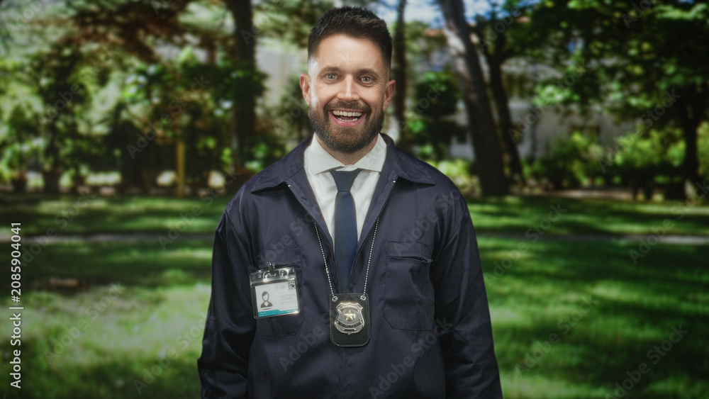 Fototapeta premium Man wearing police badge and visible id card with tie and jacket, smiling and facing camera while standing on grass among trees in a sunlit forest; duty commitment.