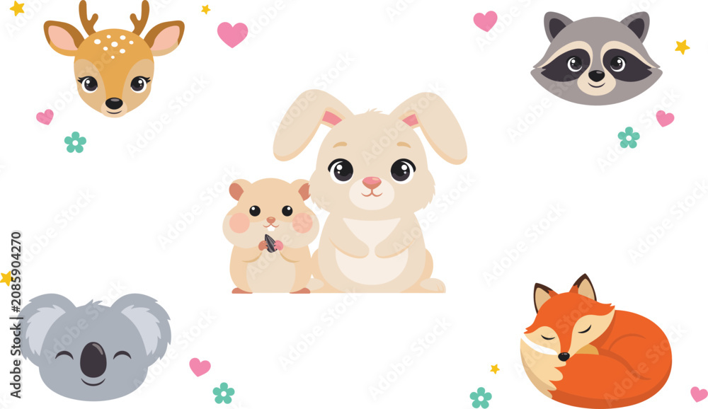 Obraz premium Cute Cartoon Woodland Animal Sticker Set Featuring Sweet Bunny Hamster Sleeping Fox Deer Raccoon and Koala Bear Faces for Baby Nursery Graphic Designs