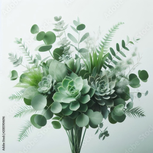 Green Monochrome Bouquet with Eucalyptus and Ferns Isolated on White