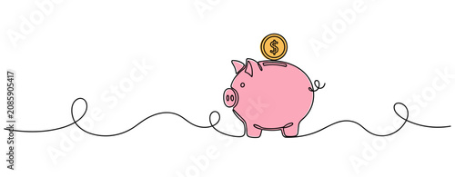 Piggy bank receiving coin on continuous line background. no editable strokes