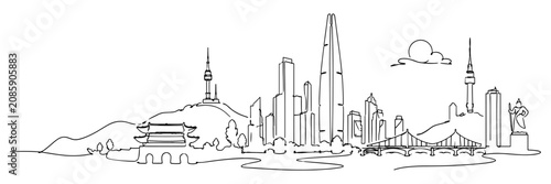 Minimal continuous one line illustration featuring the Seoul skyline with iconic landmarks, modern skyscrapers, mountains, and urban architecture for travel or city themed designs.