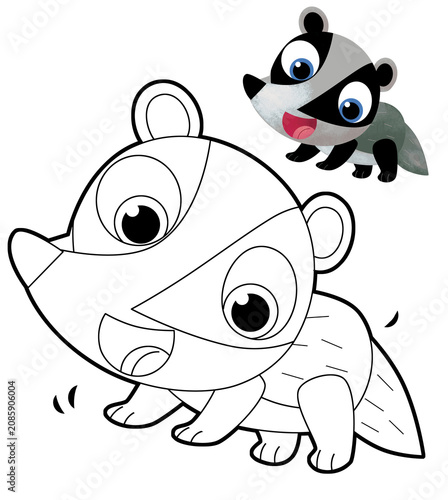 cartoon scene with cheerful raccoon badger forest animal isolated coloring page on white background illustration for children