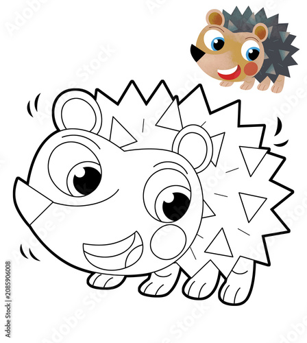 cartoon australian scene with happy and funny echidna hedgehog forest animal isolated coloring page on white background illustration for children