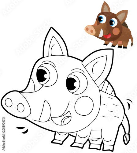 cartoon scene with cheerful boar with coloring page on the white background illustration for children