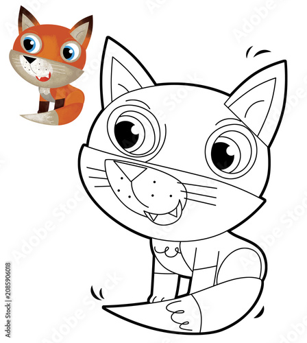 Cartoon wild forest animal smiling funny fox isolated coloring page illustration for children