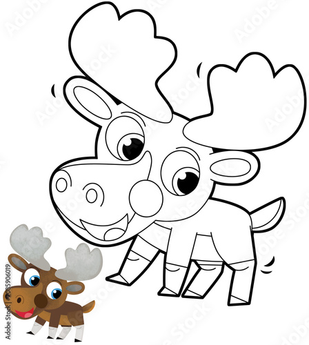 cartoon scene with moose elk forest animal coloring page sketch on white background illustration for children