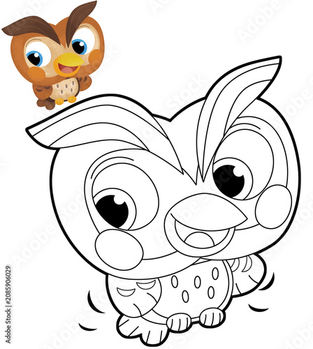 Cartoon funny forest animal bird owl flying isolated coloring page illustration for children